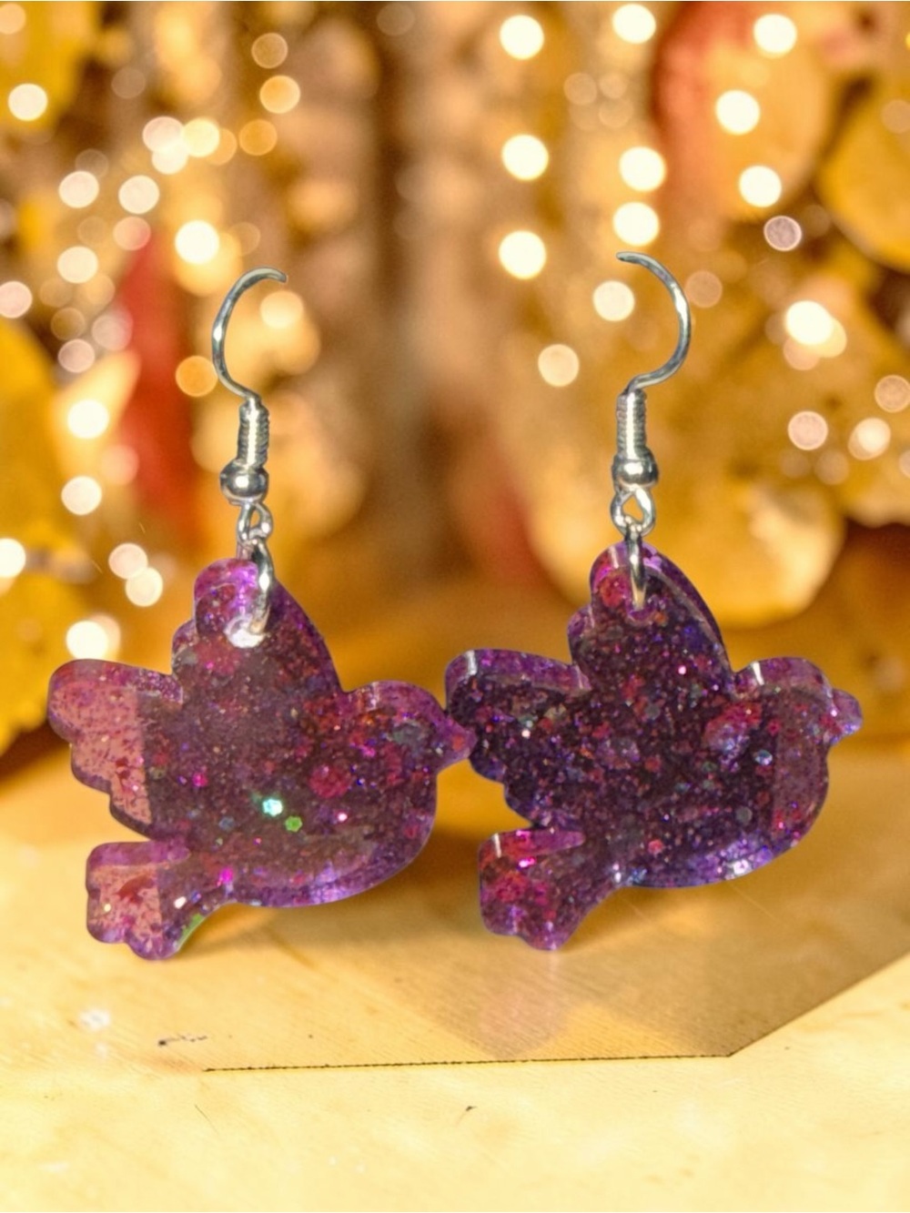 Handmade Purple Glitter Bird Resin Dangle Earrings
